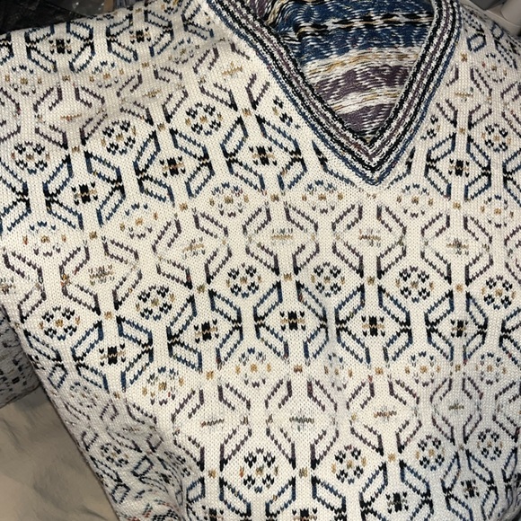 Concrete mix 90s V Neck boxy heavy Sweater Geometric Beige Tan Blue Cosby MEN 2X - Picture 11 of 16